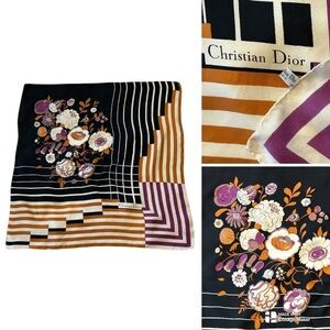 Dior Black and Gold Silk Floral Scarf 30x30